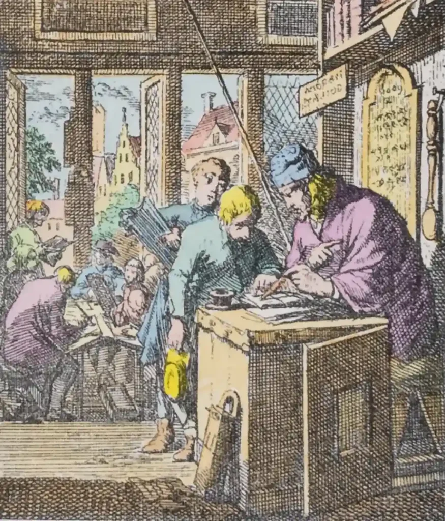 Hand-colored engraving depicting a schoolmaster instructing a group of children in a classroom filled with books, from a Dutch Golden Age print series by Jan Luyken, originally dated 1694.