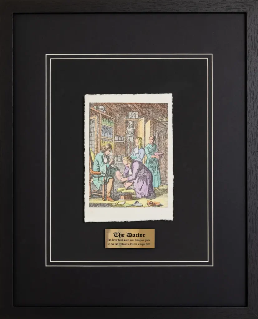 Framed hand-colored engraving depicting a doctor tending to a patient in a medical room, from a Dutch Golden Age print series by Jan Luyken, originally dated 1694.