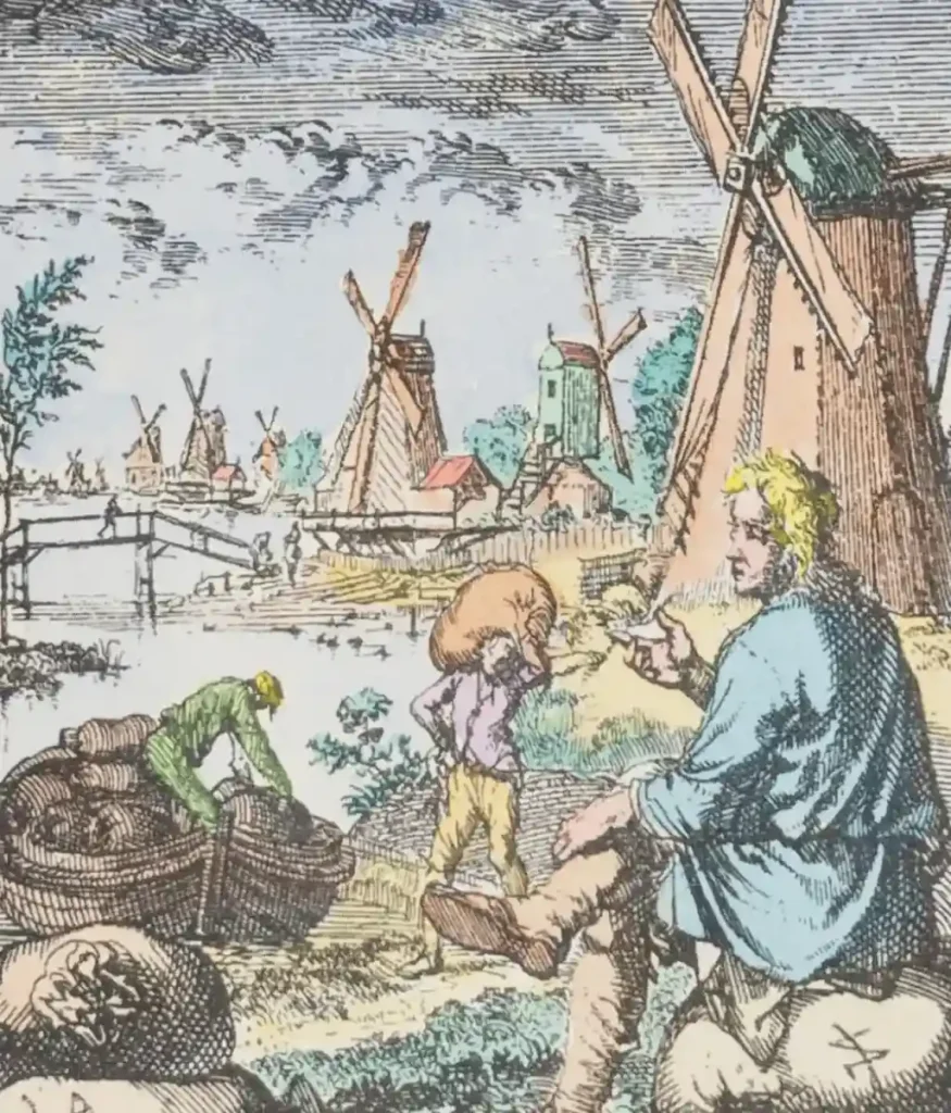 Hand-colored engraving depicting a miller sitting down looking over other millers and wind mills, from a Dutch Golden Age print series by Jan Luyken, originally dated 1694.