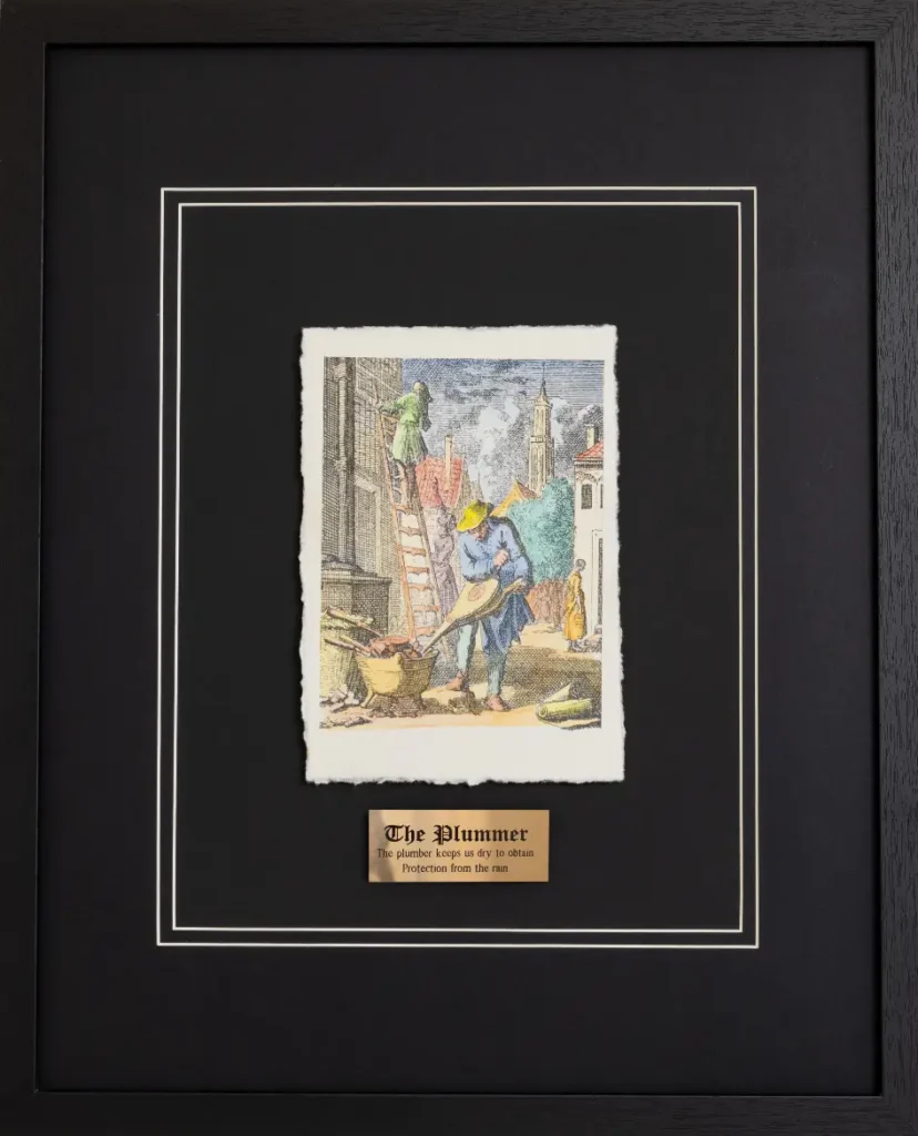 Framed hand-colored engraving depicting a plumber using bellows to heat a melting pot while an assistant climbs a ladder to work on a building exterior, from a Dutch Golden Age print series by Jan Luyken, originally dated 1694.