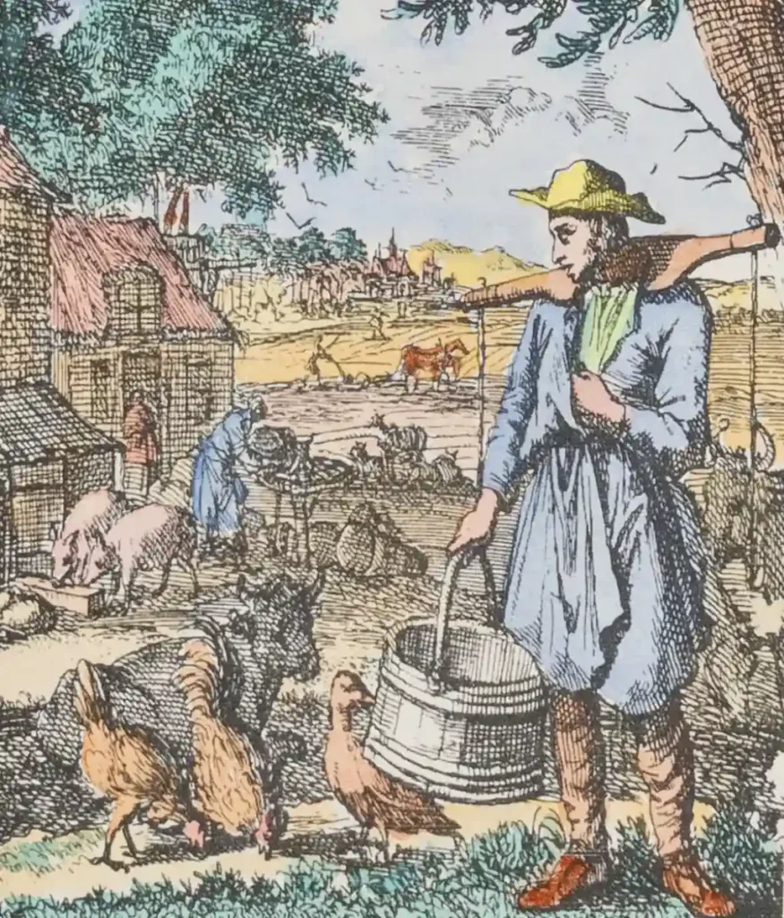 Hand-colored engraving depicting a farmer tending land, from a Dutch Golden Age print series by Jan Luyken, originally dated 1694.