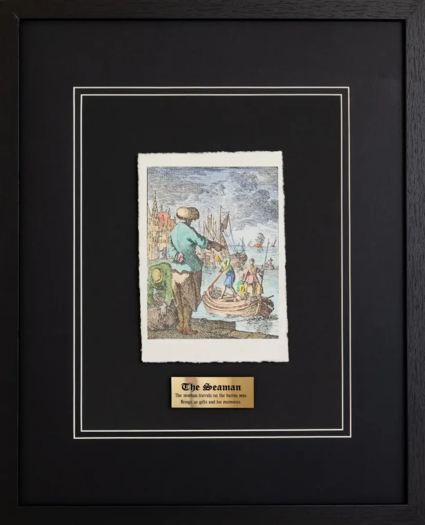 Framed hand-colored engraving depicting a sailor steering a vessel through the sea with tall rigging and masts in the background, from a Dutch Golden Age print series by Jan Luyken, originally dated 1694.