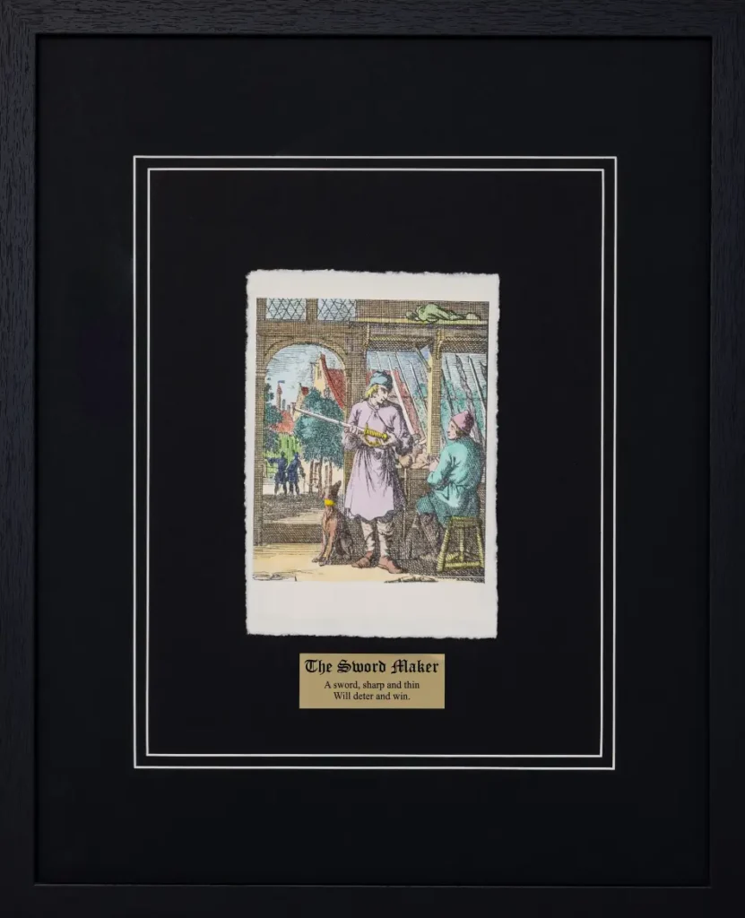 Framed hand-colored engraving depicting a craftsman sharpening or polishing a long sword, from a Dutch Golden Age print series by Jan Luyken, originally dated 1694.