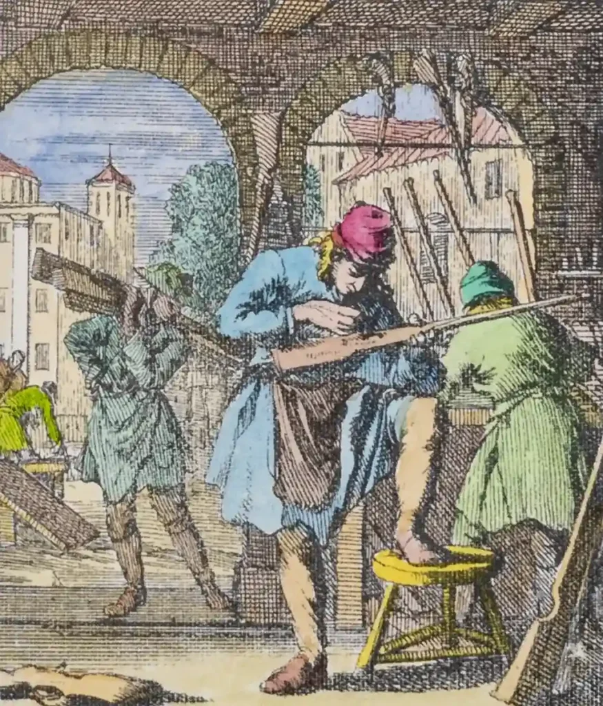 Hand-colored engraving depicting a gunsmith assembling the lock mechanism onto the wooden stock of a long gun, from a Dutch Golden Age print series by Jan Luyken, originally dated 1694.