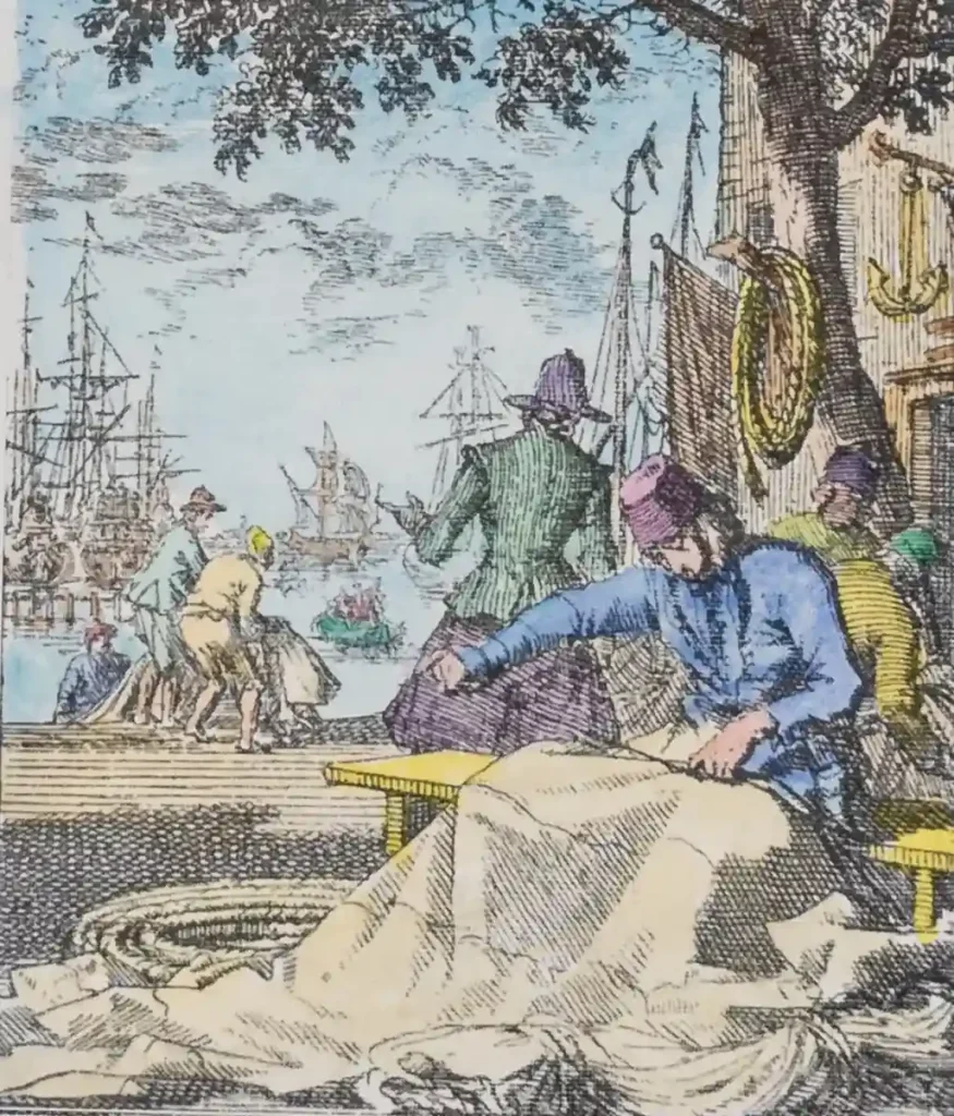 Hand-colored engraving depicting a worker seated on the floor using a palm and needle to stitch together large sheets of canvas for a ship's sail, from a Dutch Golden Age print series by Jan Luyken, originally dated 1694.