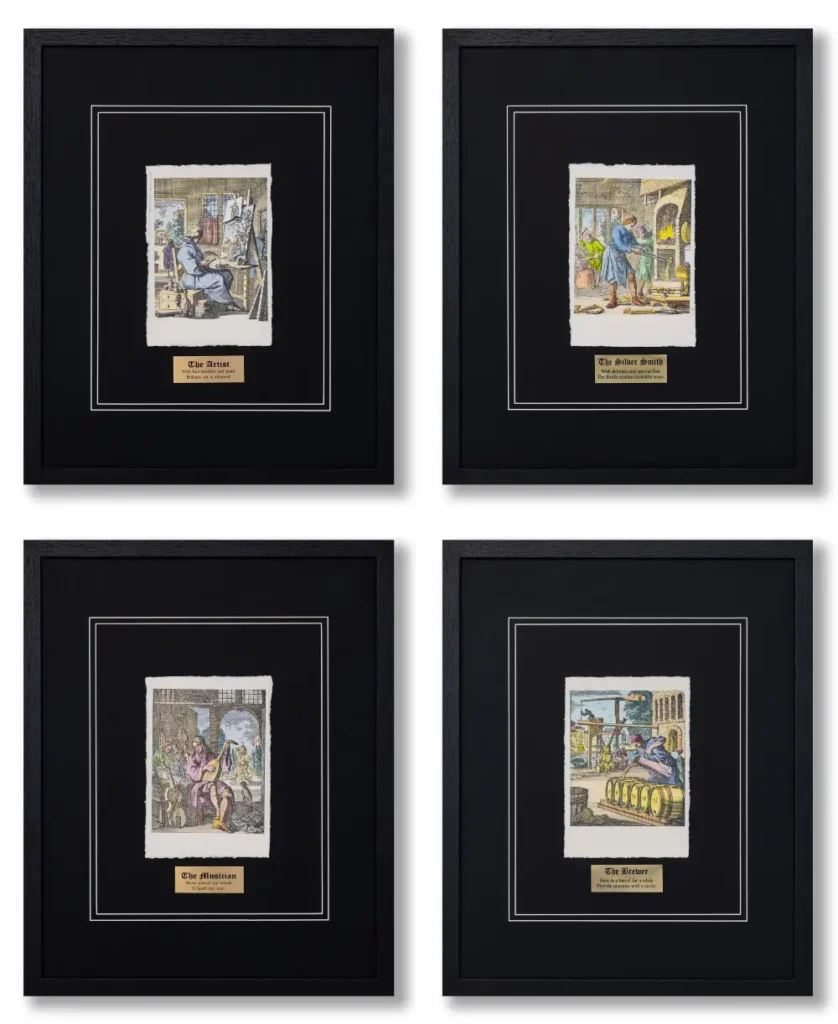 Four framed, hand-colored engravings from Jan Luyken's "The Book of Trades." Each piece is presented in a black wood frame with a black mat and a small gold-colored plaque containing the title and a short poem.