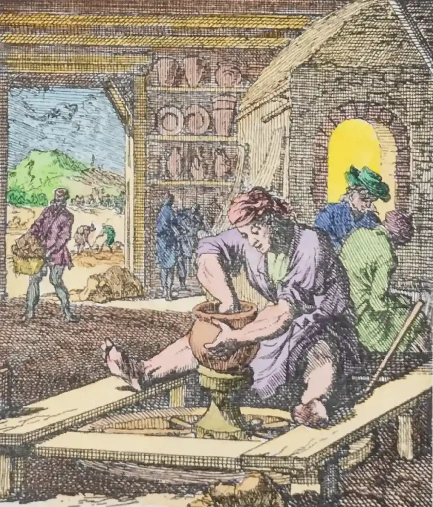 Hand-colored engraving depicting a potter shaping a piece of wet clay on a rotating foot-powered wheel, from a Dutch Golden Age print series by Jan Luyken, originally dated 1694.