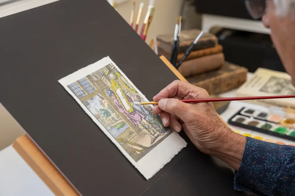 Johannes Krane hand coloring The Mirror Maker by Jan Luyken, originally dated 1694.